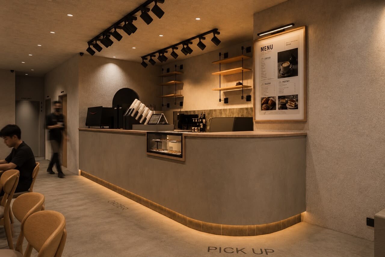 Curved café service counter with integrated warm lighting