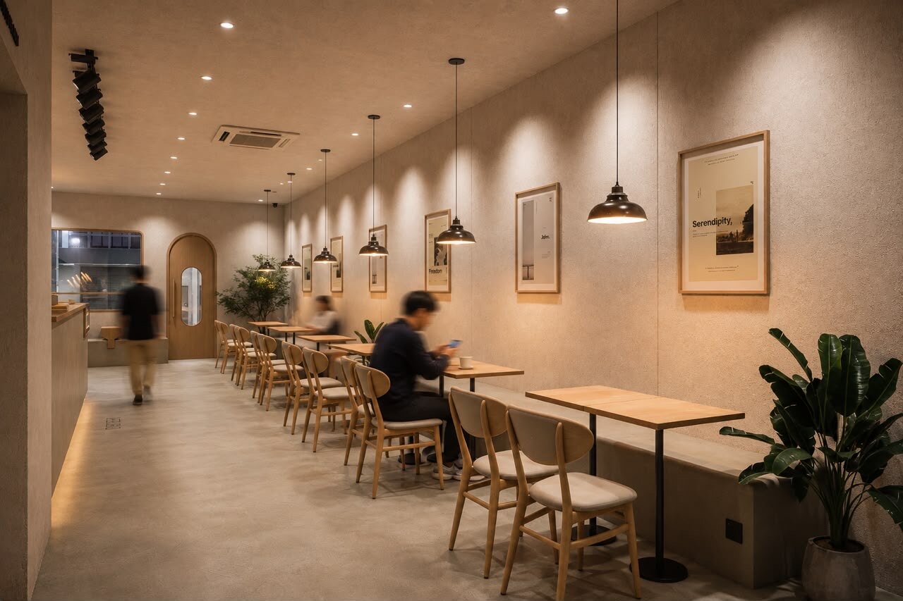 Minimal café seating area with warm timber and feature lighting